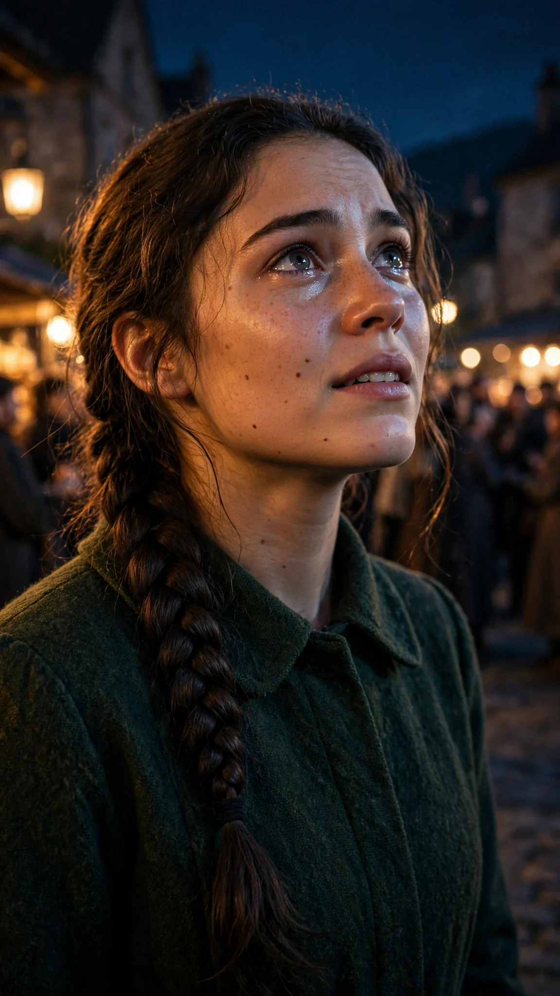 Elspeth's face lit warmly, eyes bright with hope as she looks across the square.