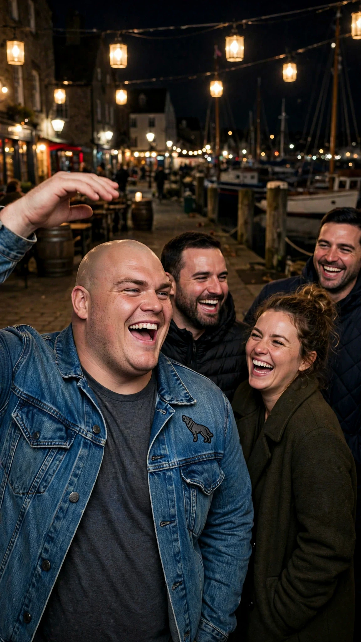A heavy-set man with a shaved head laughs and points across the square, others laughing with him.