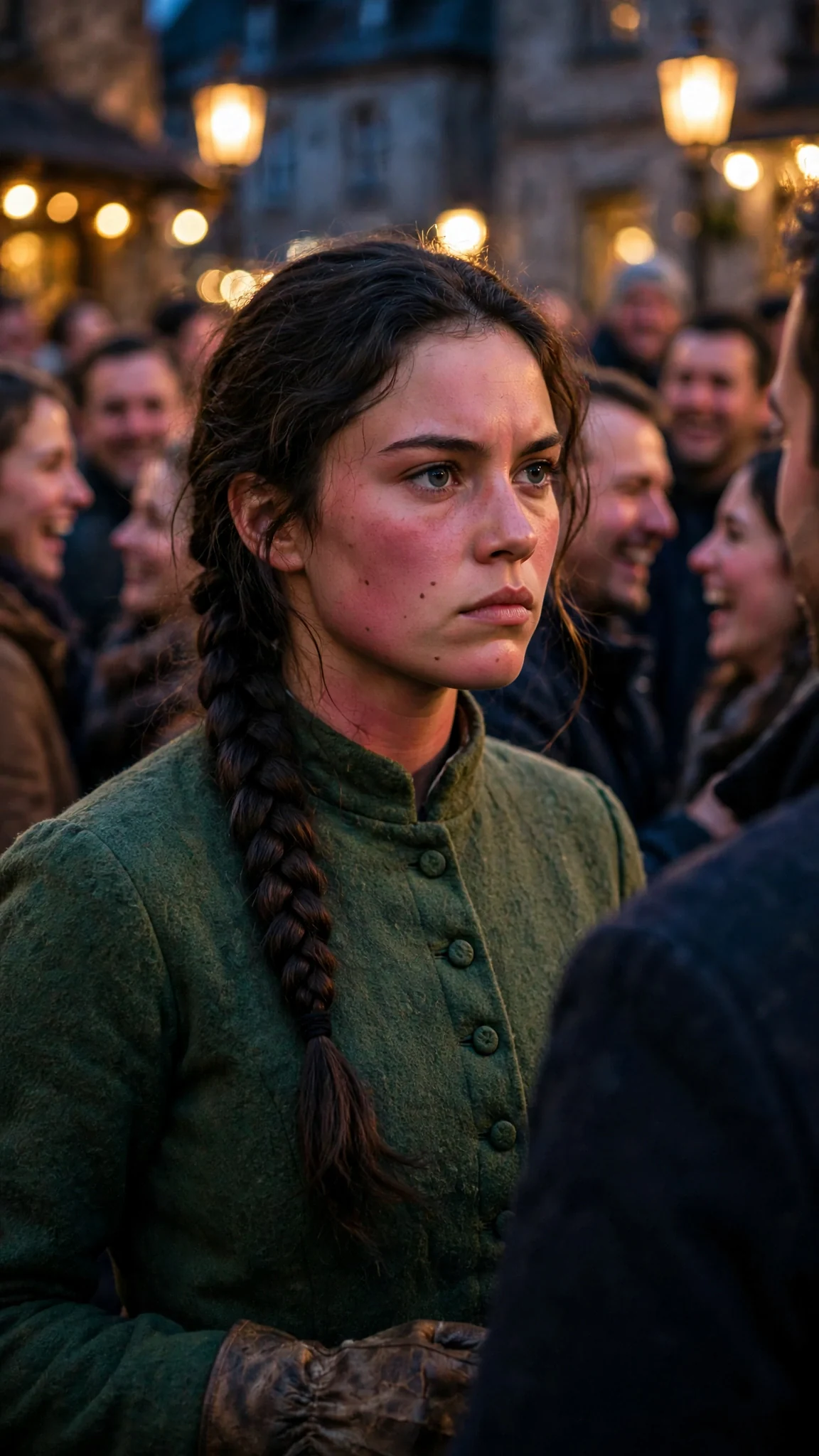 Elspeth stands very still as laughter moves through the crowd around her.