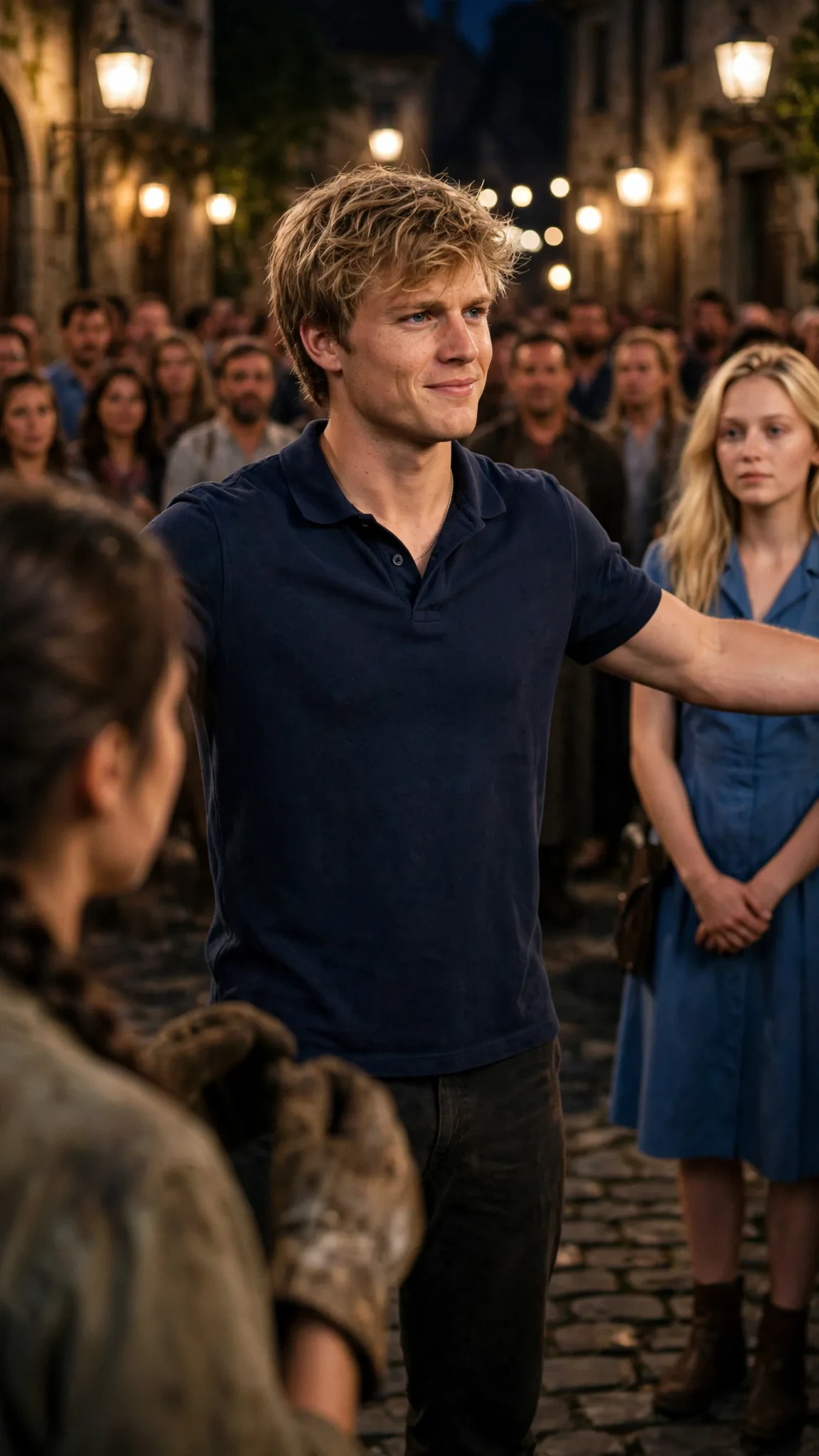 Wade raises his voice to the crowd, gesturing dismissively, Elspeth small in the foreground.