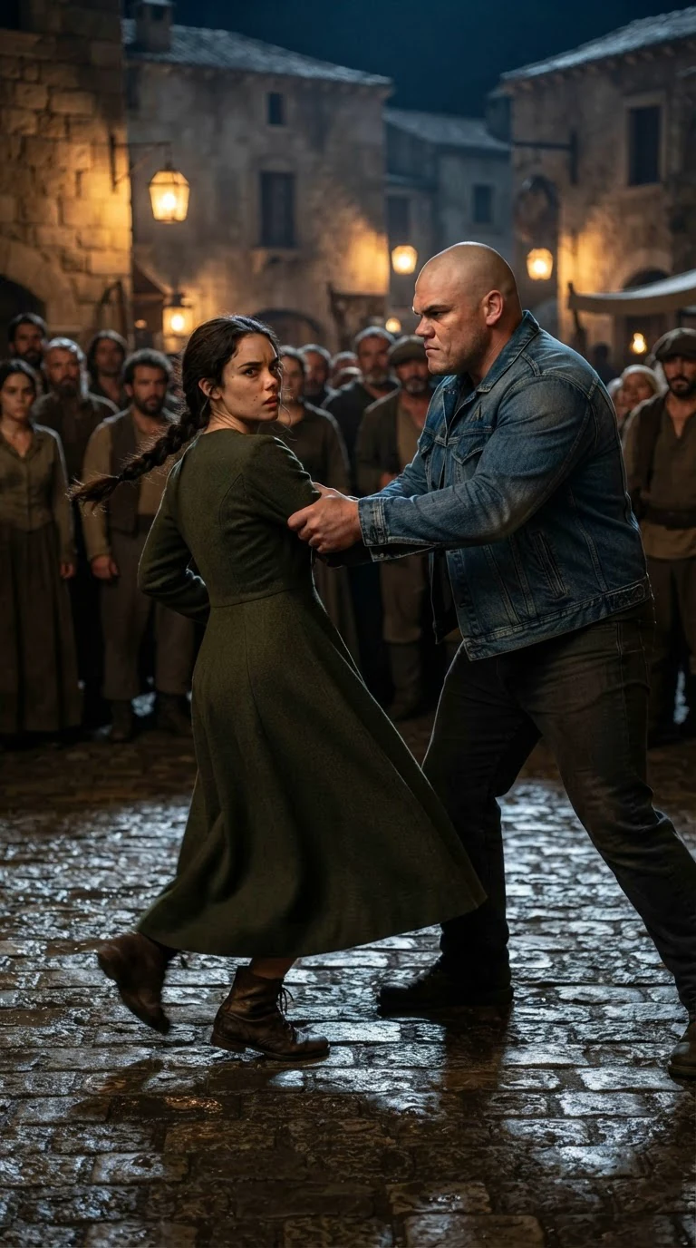 Duff grabs Elspeth's arm hard and jerks her back, her boot skidding on the cobbles.