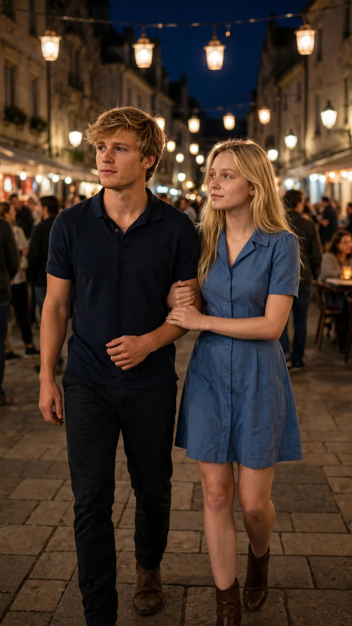 A slim blonde woman in a blue dress holds Wade's arm and speaks kindly to Elspeth.