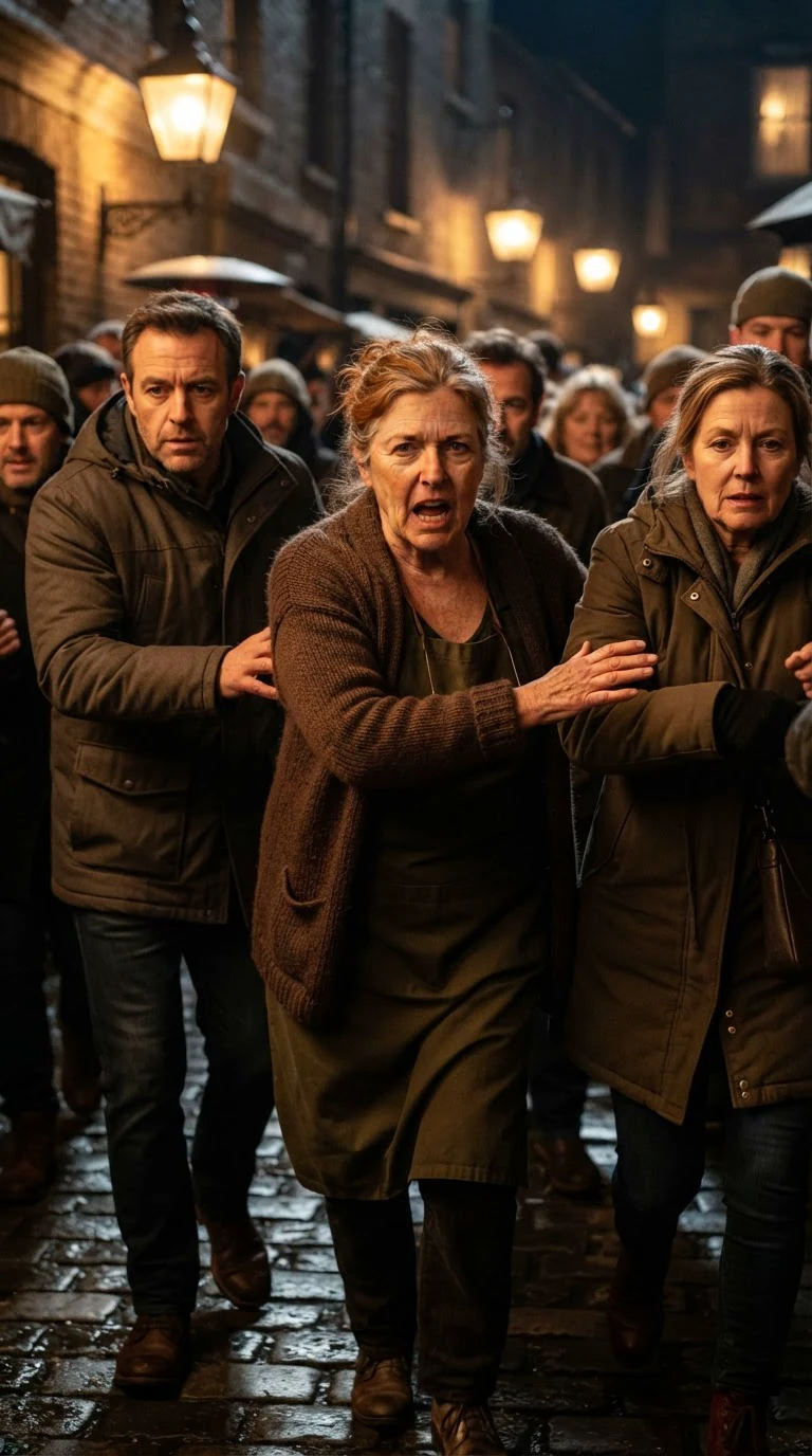 Morag pushes forward through the crowd, face hard, a sturdy woman with silver-streaked auburn hair.