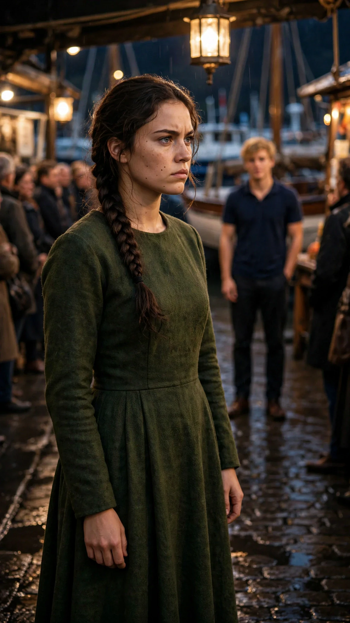 Elspeth looks at Wade with dry eyes and a flat, steady expression, her hands loose at her sides.