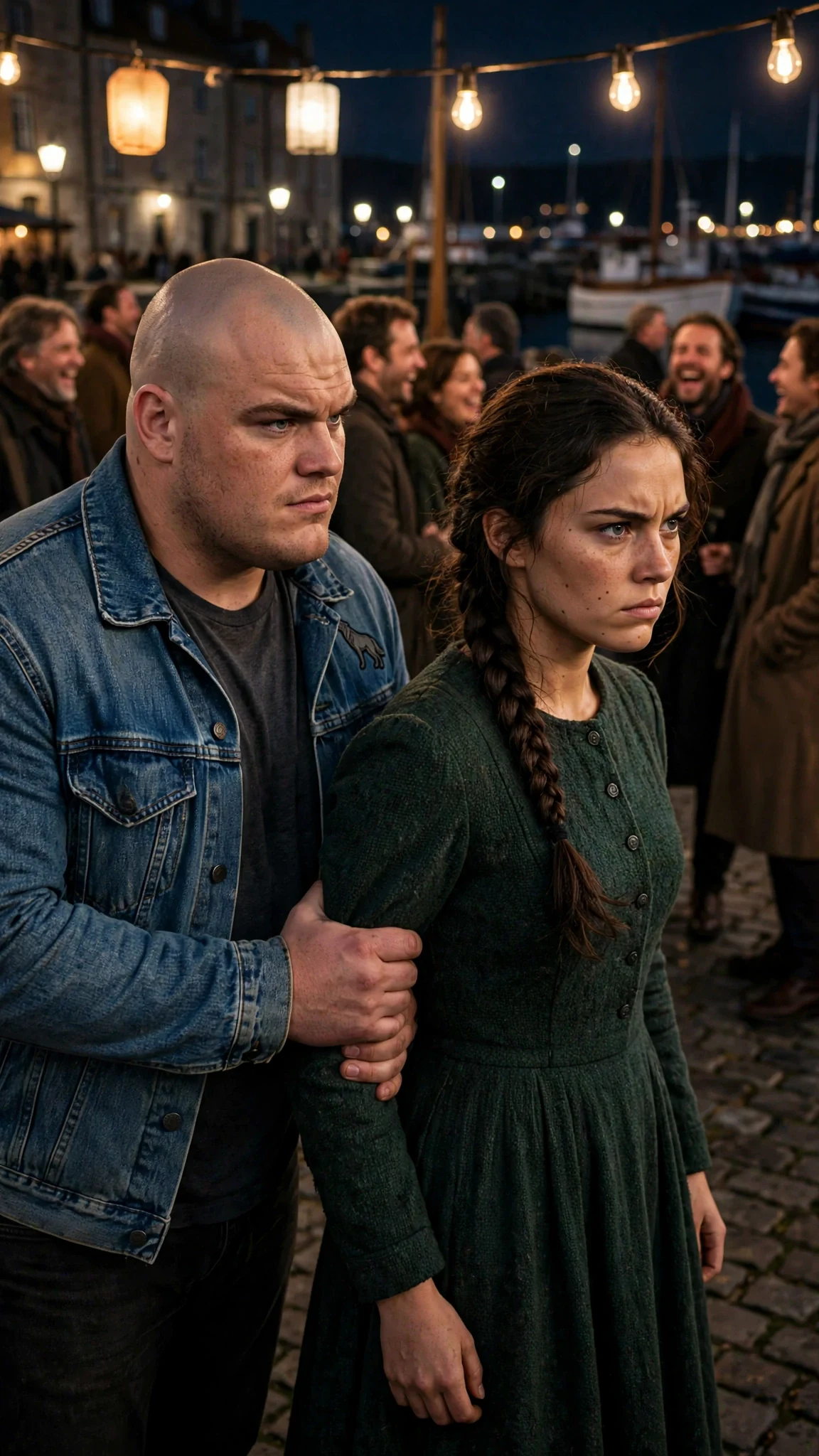 A heavy-set man grips a young woman's arm in a lantern-lit square while the crowd laughs.