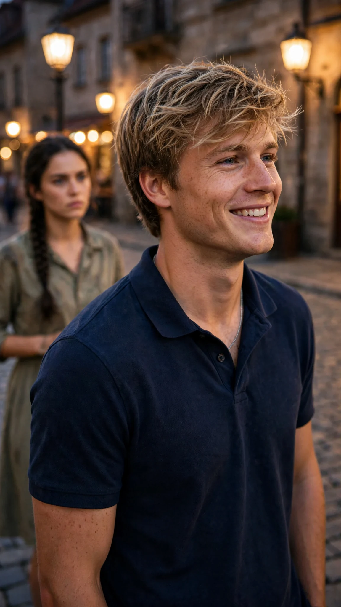 A sandy-haired man in a boat-yard polo smiles carelessly in lantern light while a dark-braided woman watches.