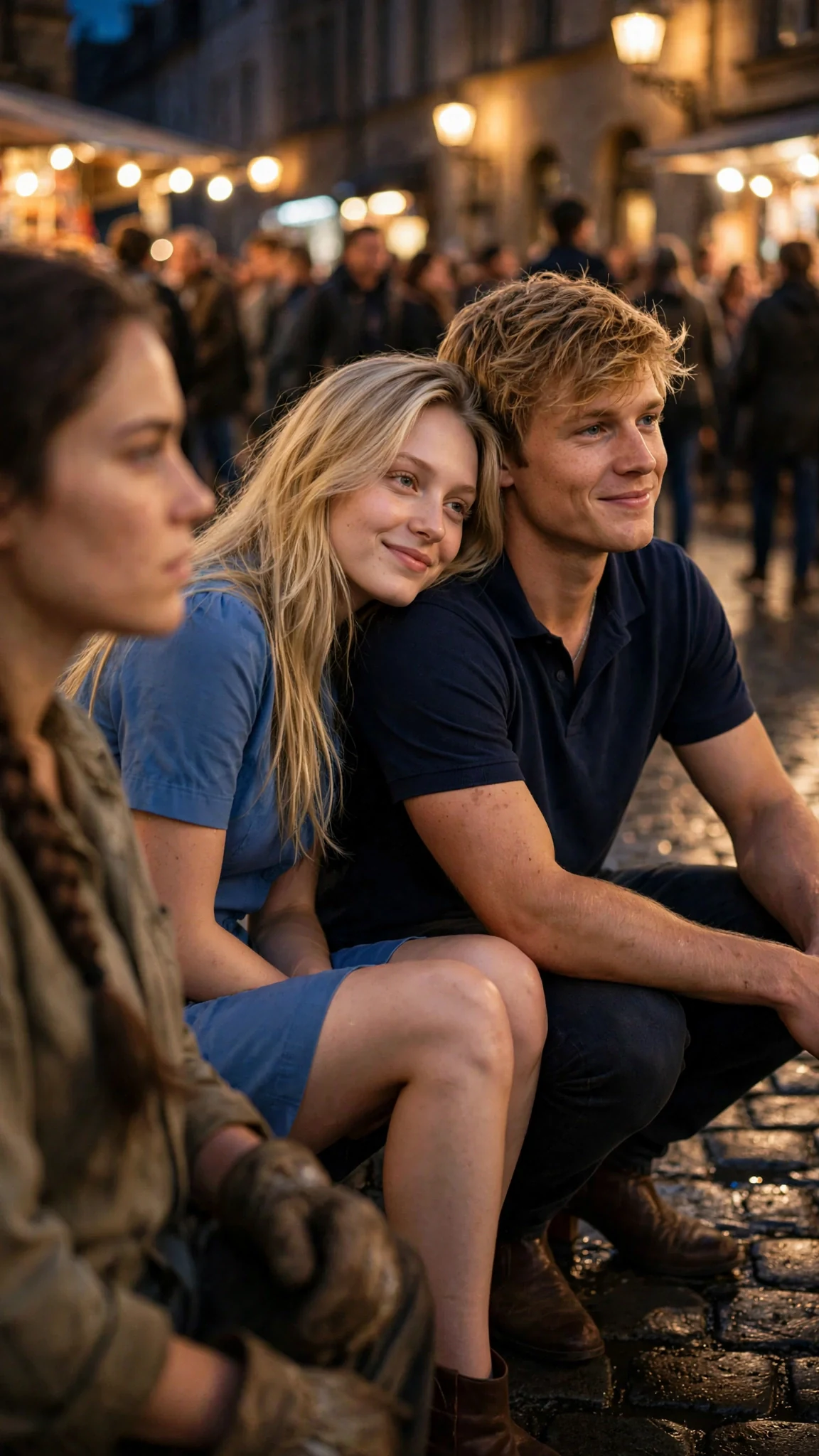 A slim blonde woman in a neat blue dress leans close to the sandy-haired man, smiling softly.