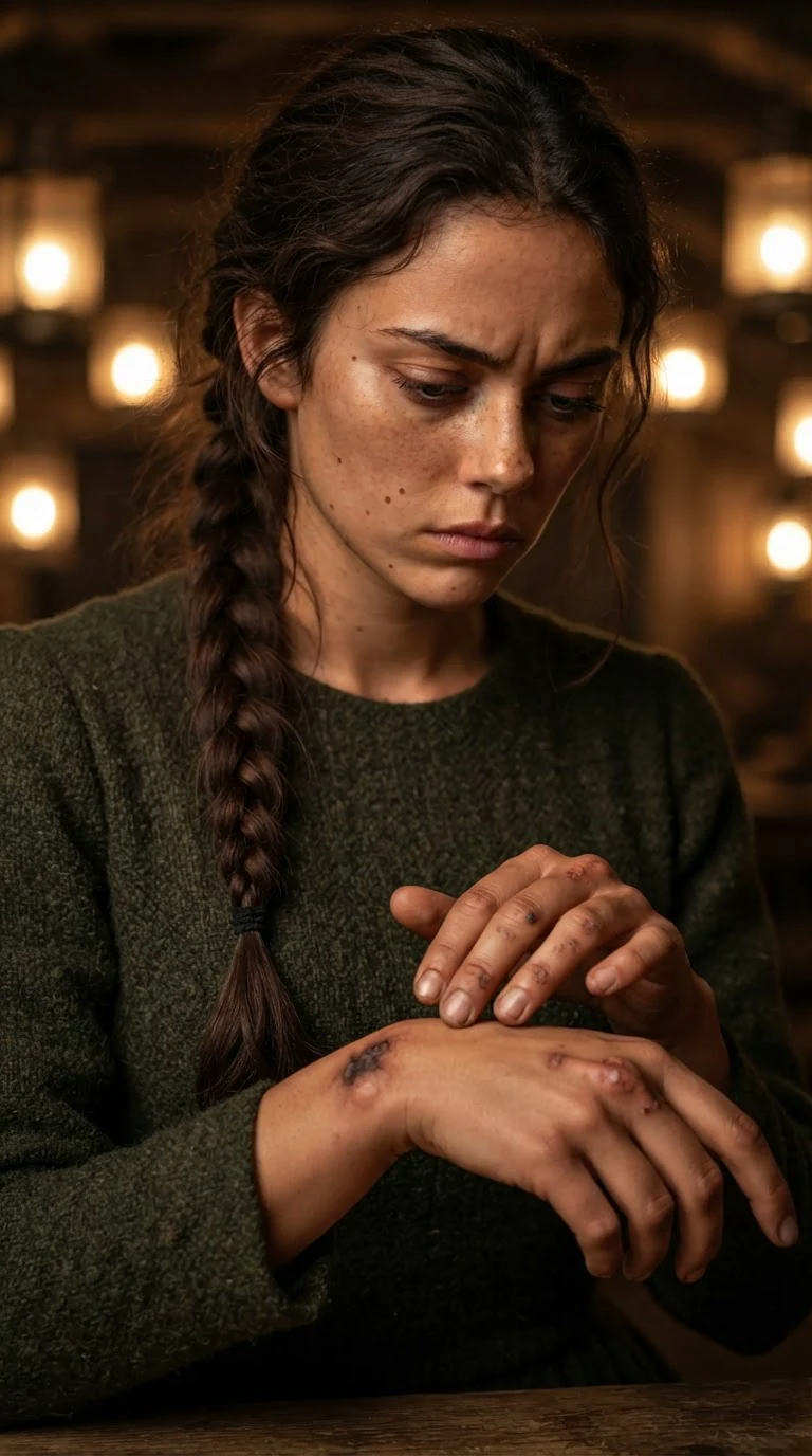 A woman in a green dress looks down at a dark mark on her wrist, her other hand over it.