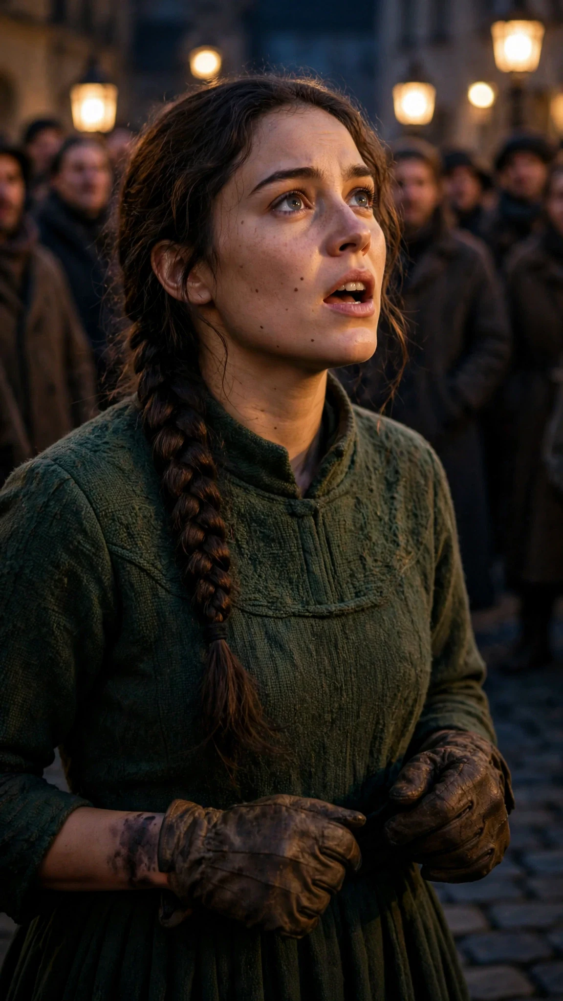 The woman lifts her chin and speaks into a silent crowd under lanterns.
