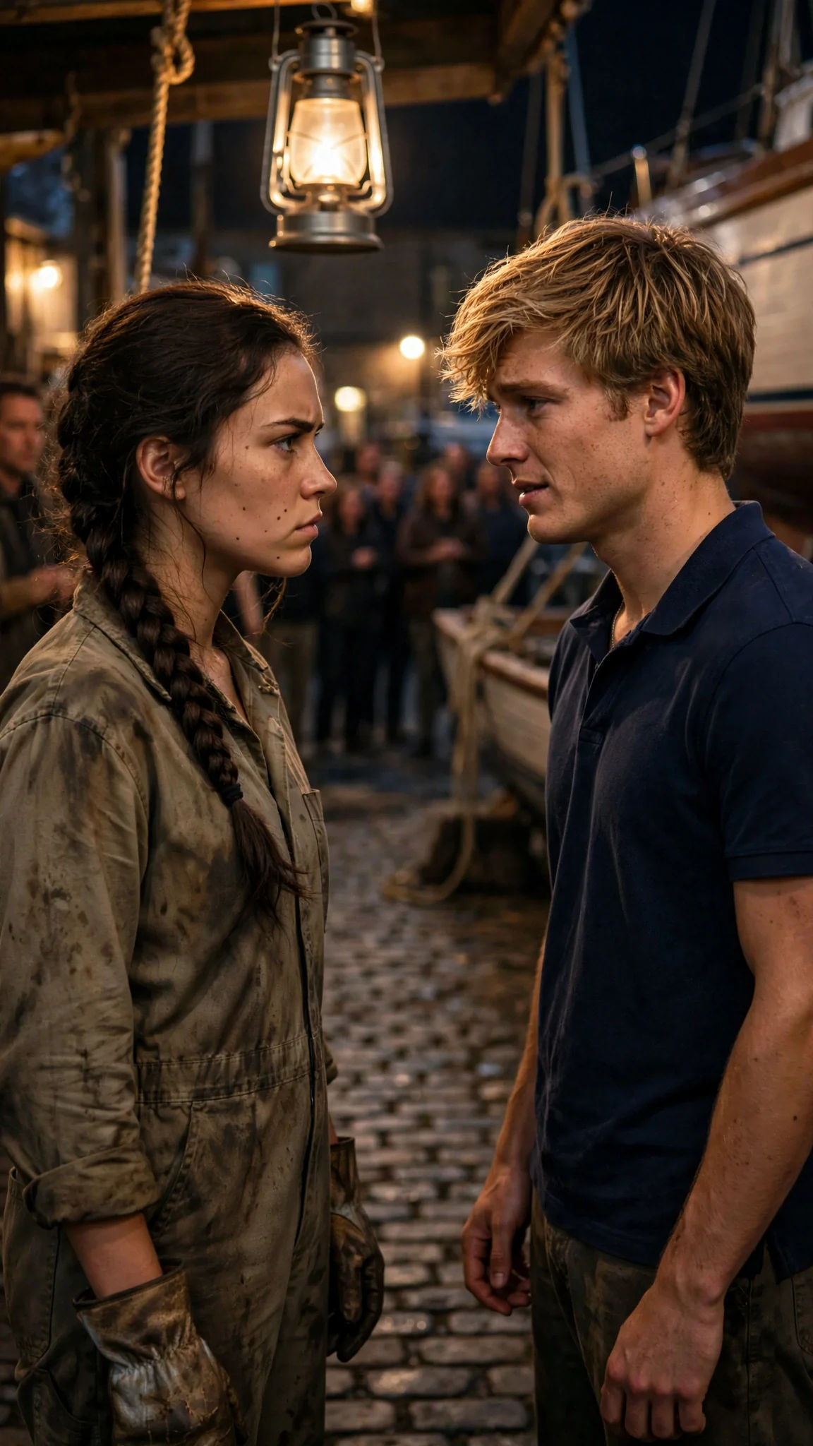 The woman faces the sandy-haired man across the lantern-lit cobbles, both tense.
