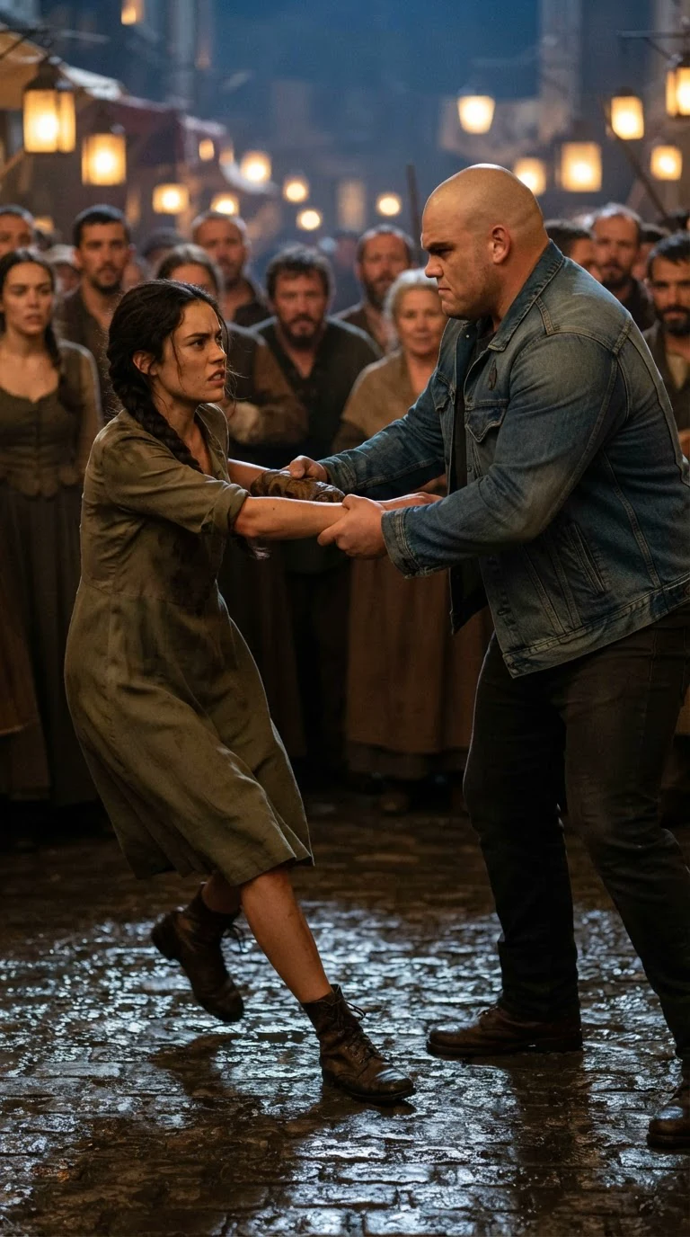 The heavy-set man yanks the woman back by the arm as she tries to walk away.
