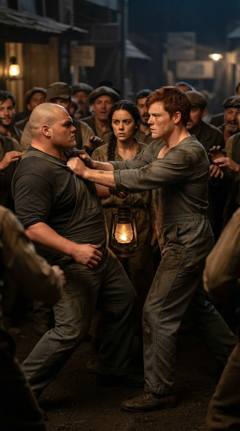 A wide-shouldered red-haired man shoves the heavy-set man back, putting himself between them.