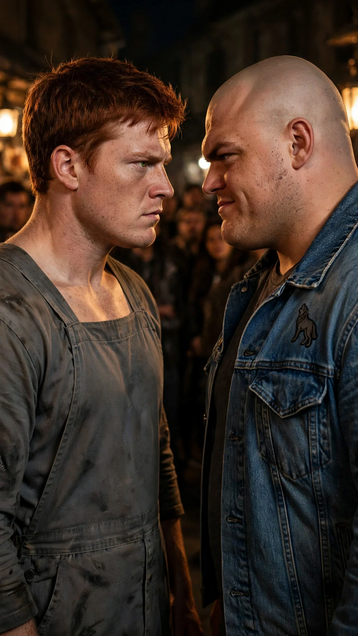 Two men stand chest to chest in the square, one red-haired and furious, the other heavy-set and sneering.