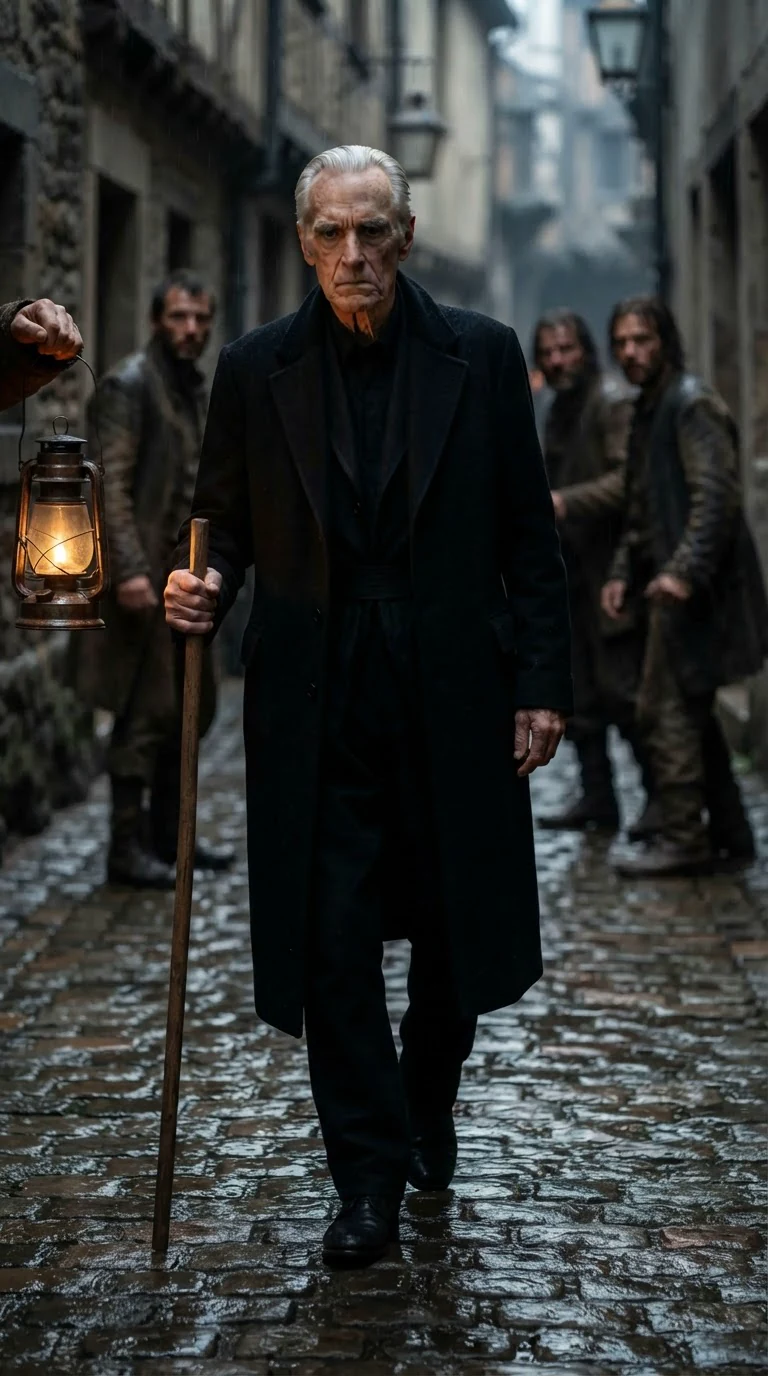 A gaunt white-haired elder with a long dark coat and wooden staff steps forward.
