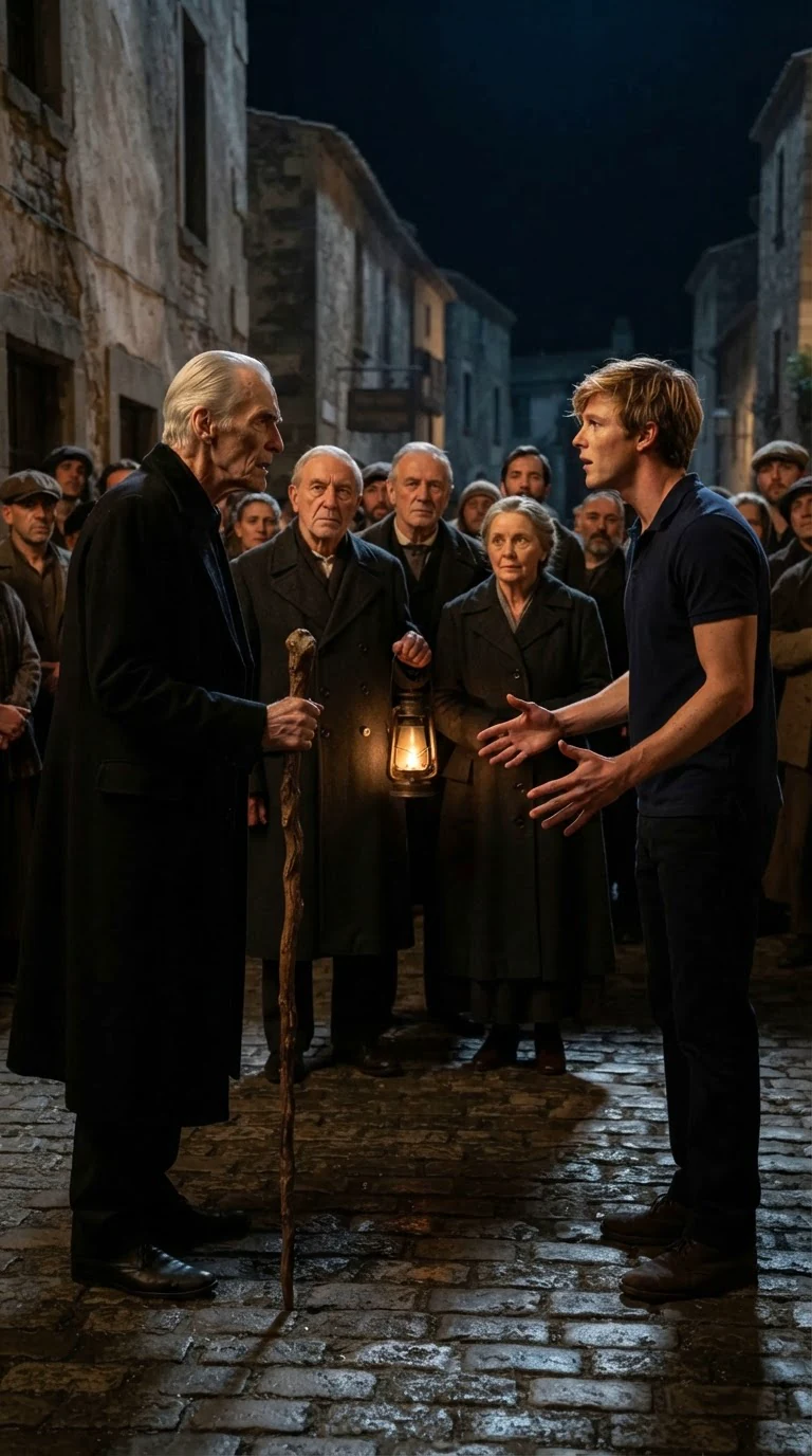 The elder speaks sternly to the sandy-haired man, who spreads his hands in protest.