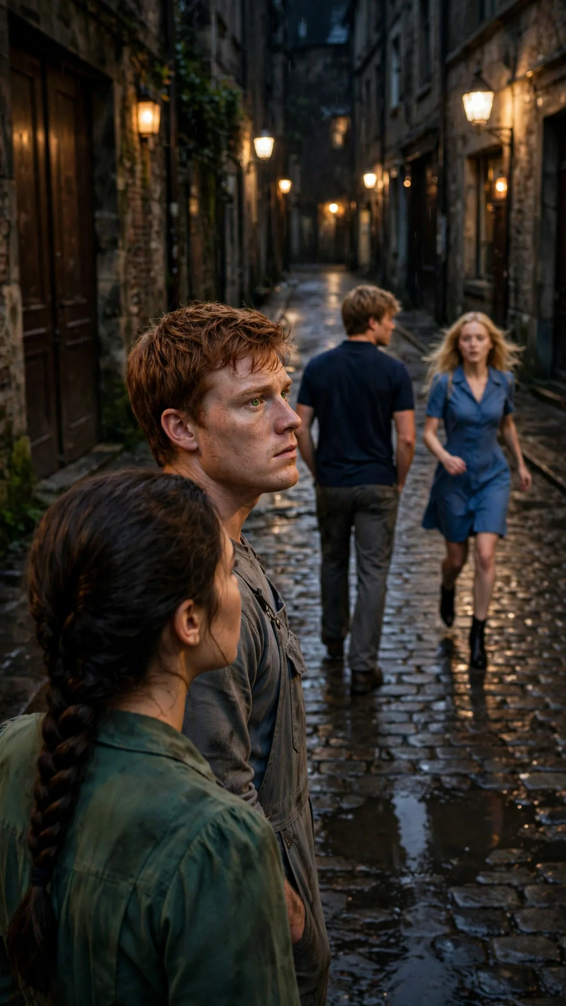 The sandy-haired man walks away with the blonde woman hurrying after him, while the dark-braided woman turns her back.