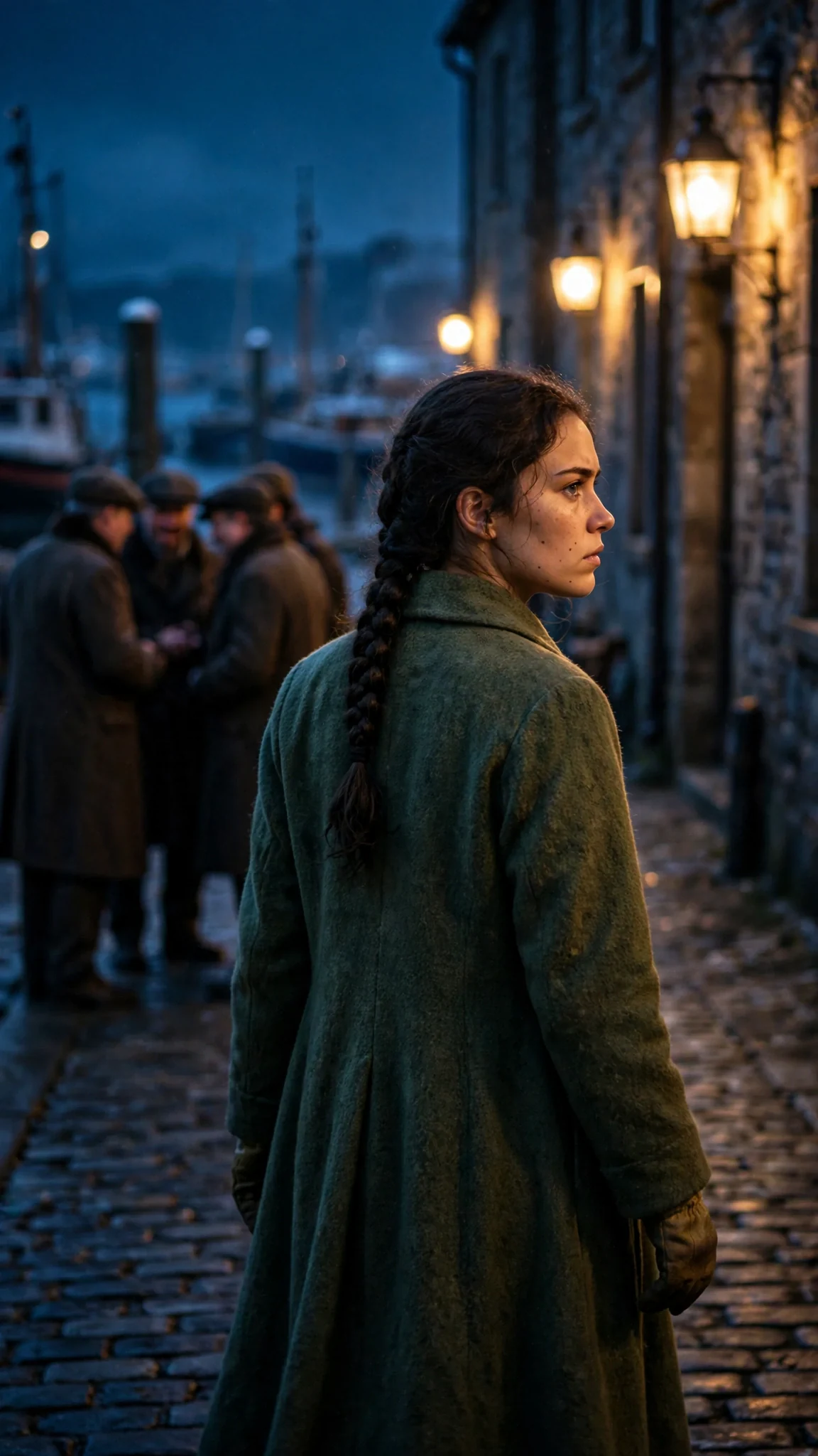 The woman walks out of the bright square into a dark lane, the crowd talking behind her.