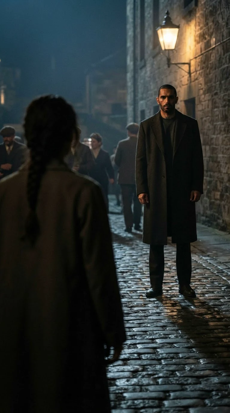 A tall broad-shouldered man in a long charcoal coat stands still at the edge of the dark, face in shadow.