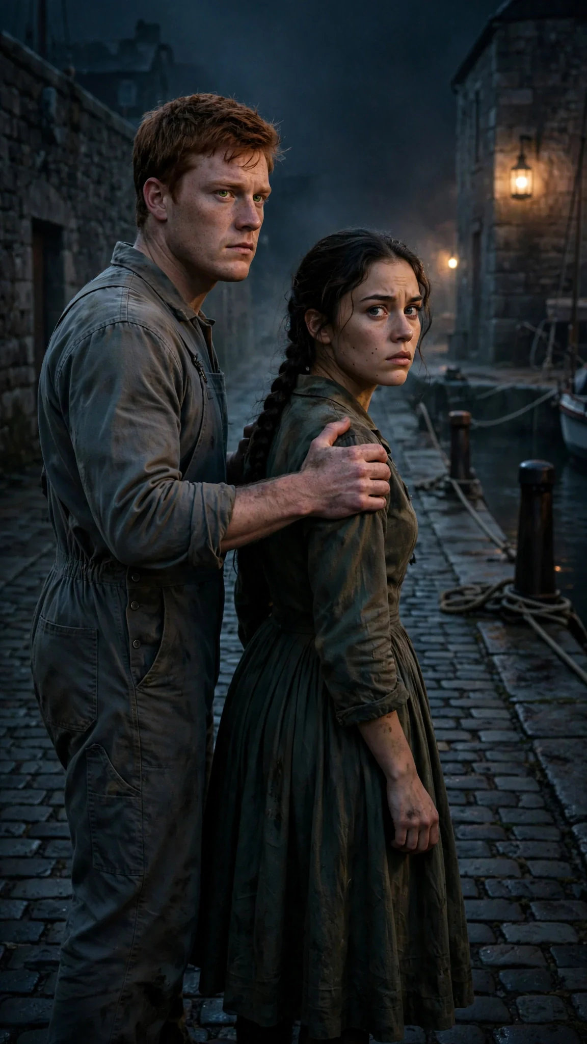 The red-haired man puts a firm hand on his sister's shoulder and steers her down the lane.