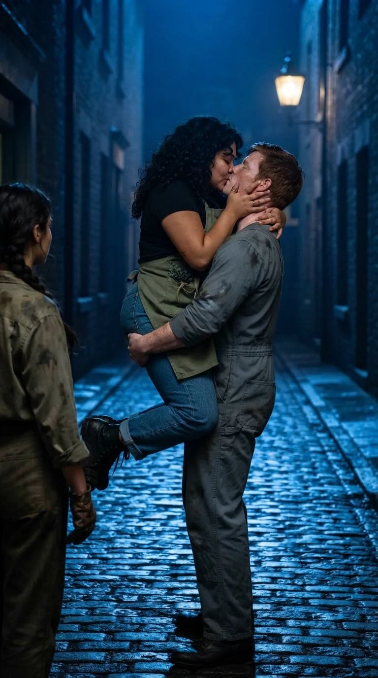 The curly-haired woman jumps into the red-haired man's arms, legs around his waist, kissing him hard.