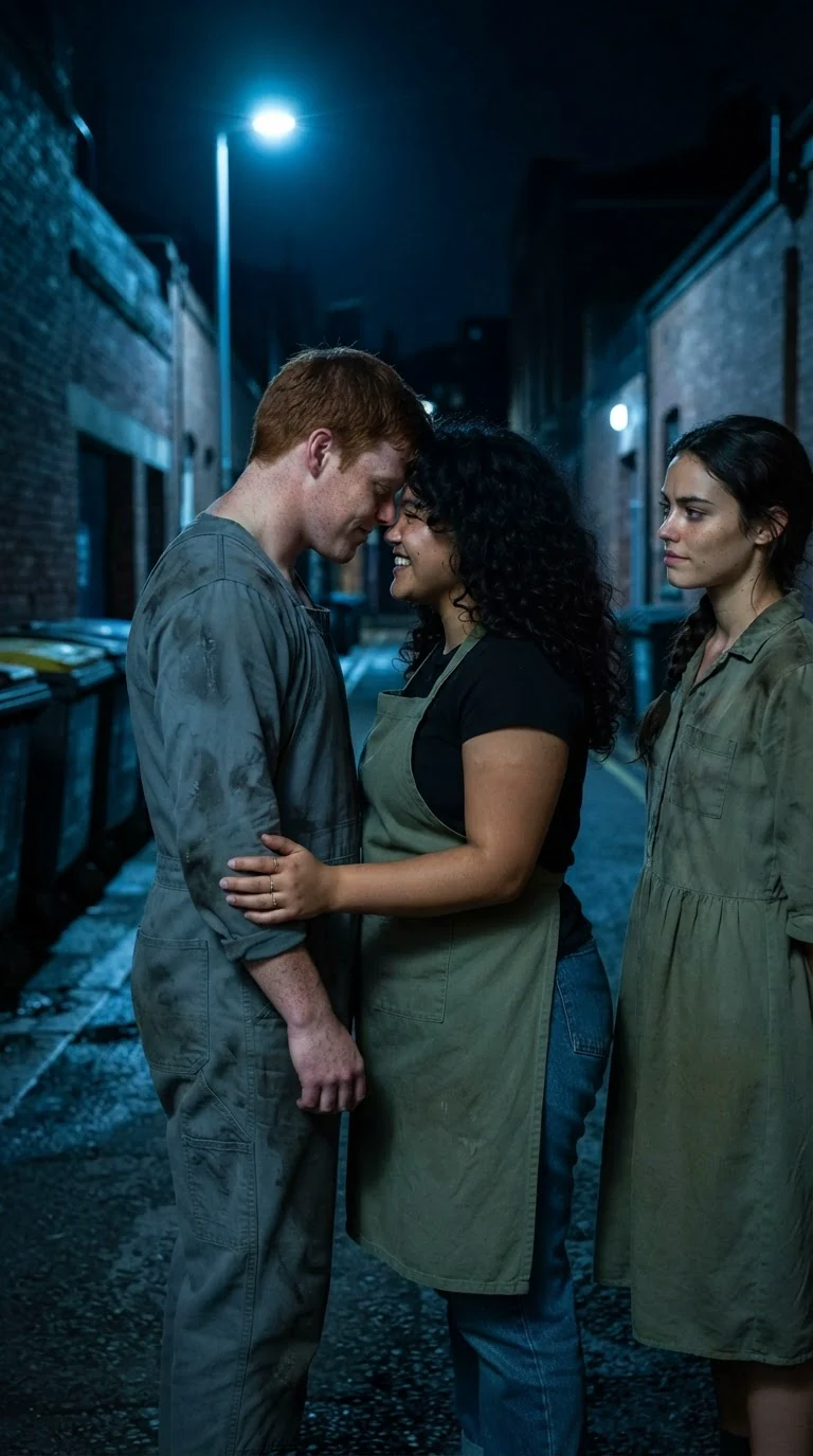 The curly-haired woman pulls back, forehead against the man's, embarrassed, while the dark-braided woman watches.