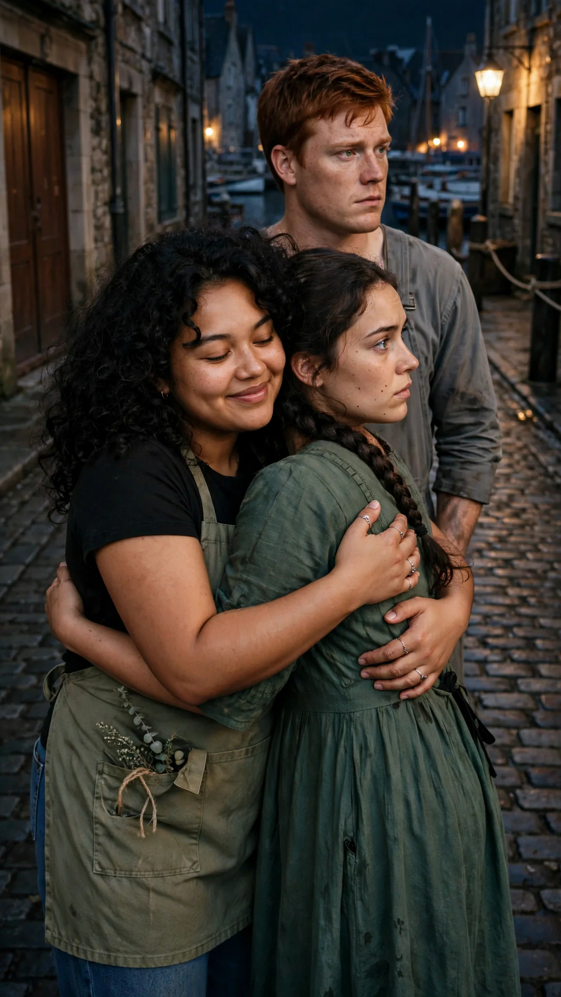 The curly-haired woman hugs the dark-braided woman in the lane, the red-haired man standing behind them.