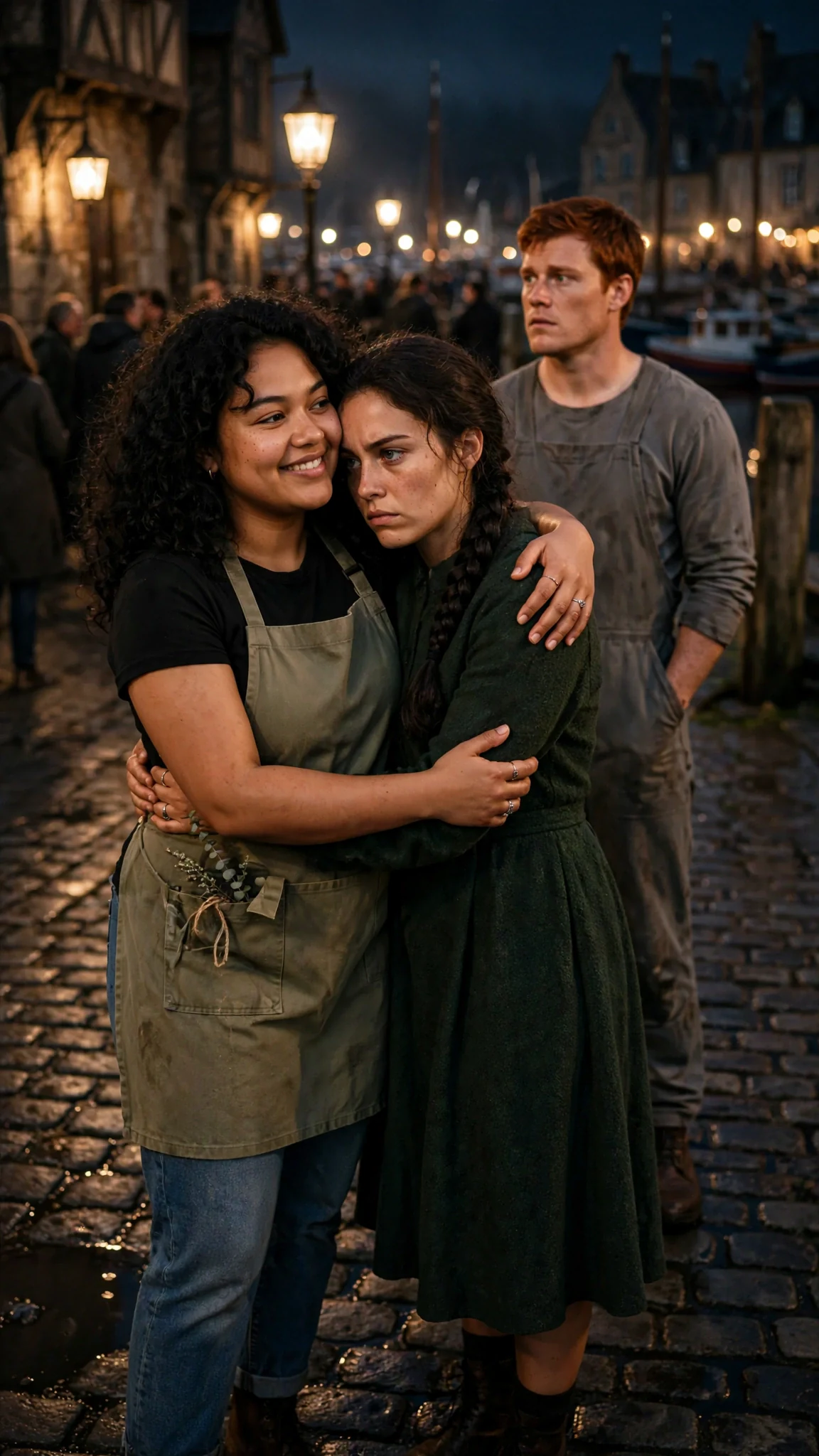 Elspeth in her green dress is held by Ottilie in a lantern-lit square while Esk watches the crowd.