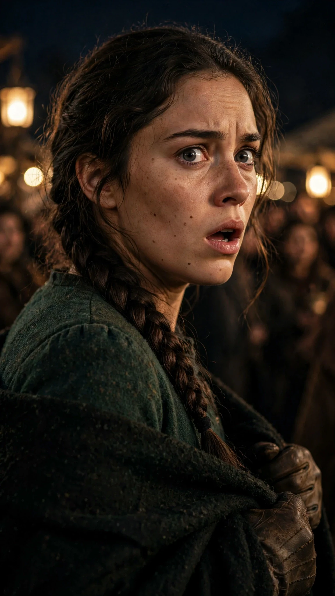 Elspeth turns her head sharply over Ottilie's shoulder, eyes wide, lantern light on her face.