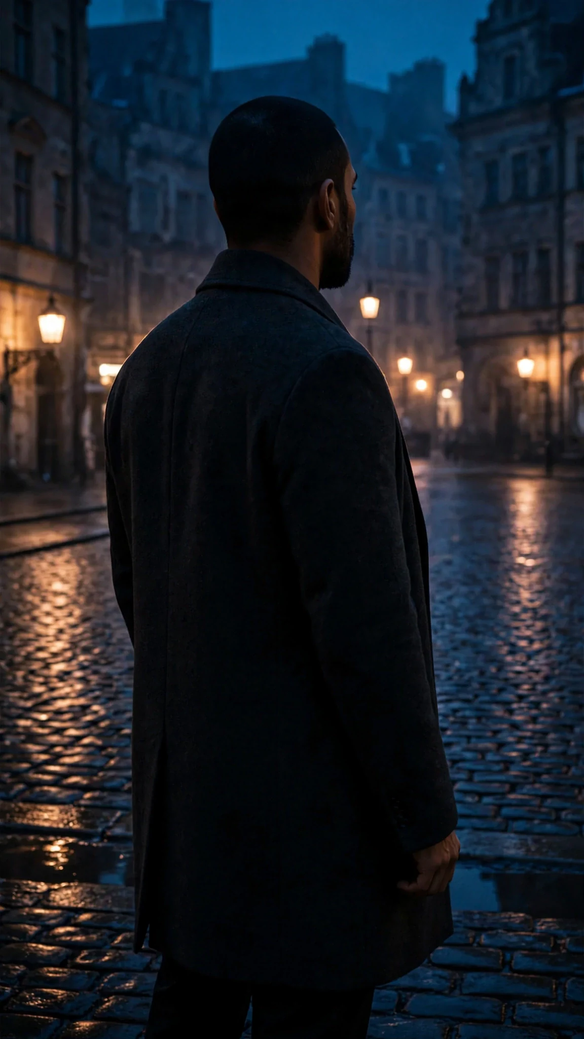 A tall broad-shouldered man in a long charcoal coat at the dark edge of the square, half turned away.