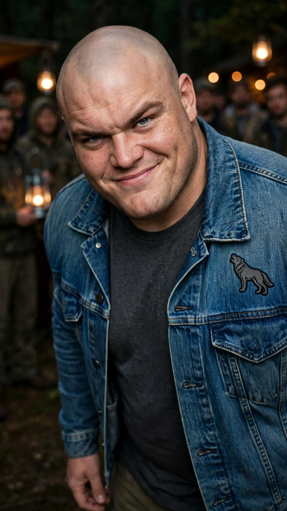 A heavy-set man with a shaved head and a denim jacket sneers at Elspeth in the square.