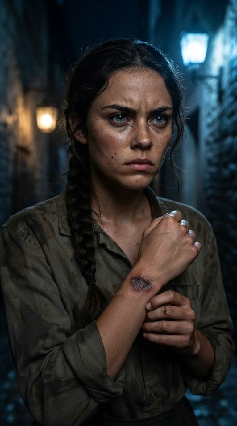 Close on Elspeth's face in the dark lane, jaw set, the bond mark dark on her wrist.