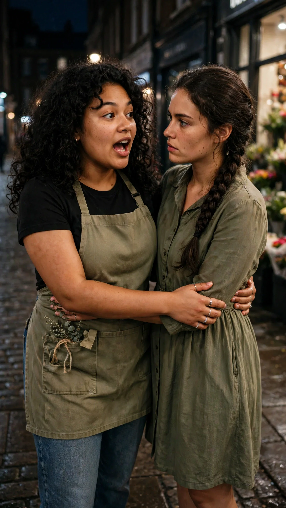 Ottilie walks with her arm around Elspeth, speaking fiercely, curls loose.