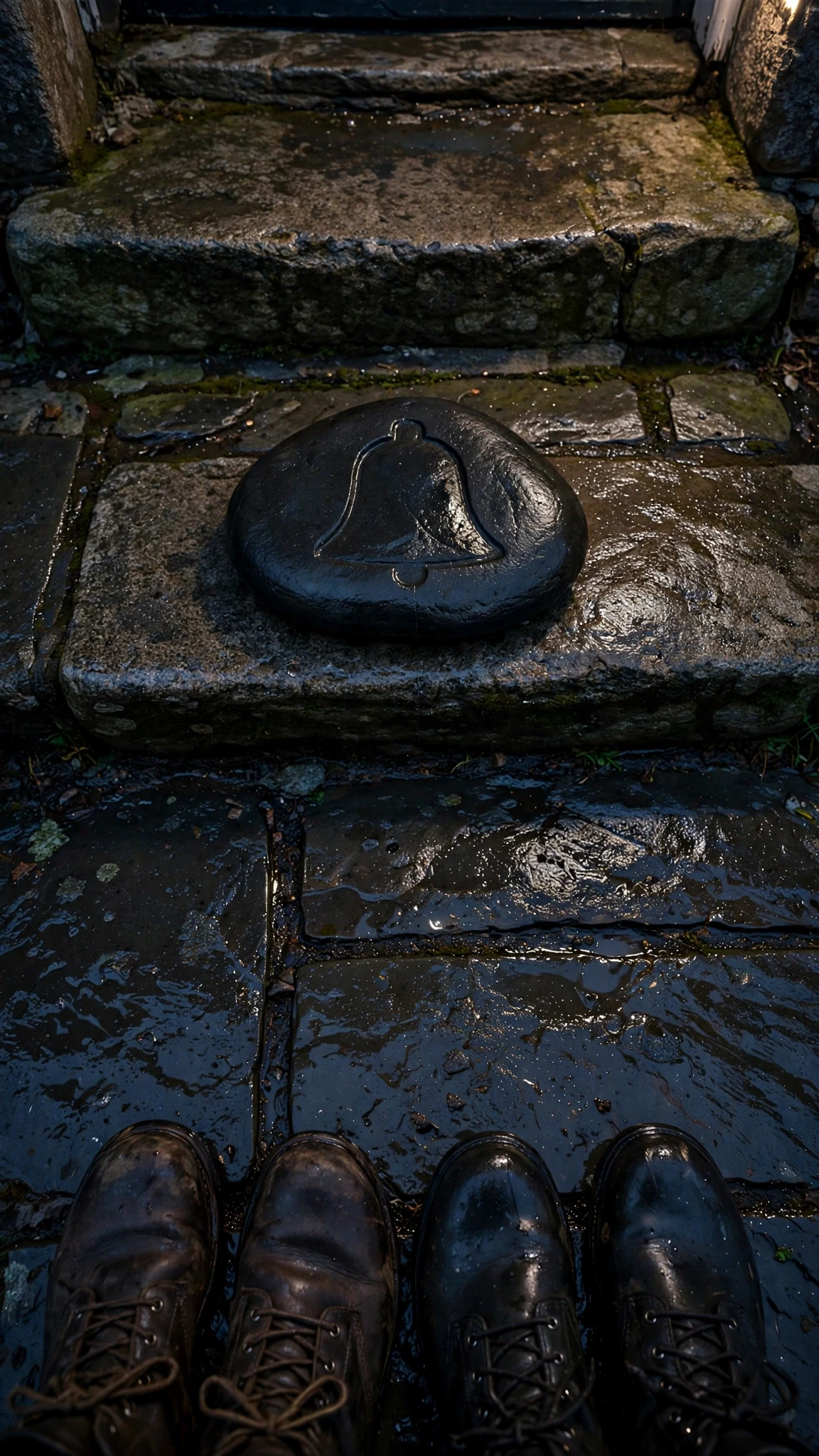 A black flat stone sits on the flagstone doorstep of the Bray house in the dark.