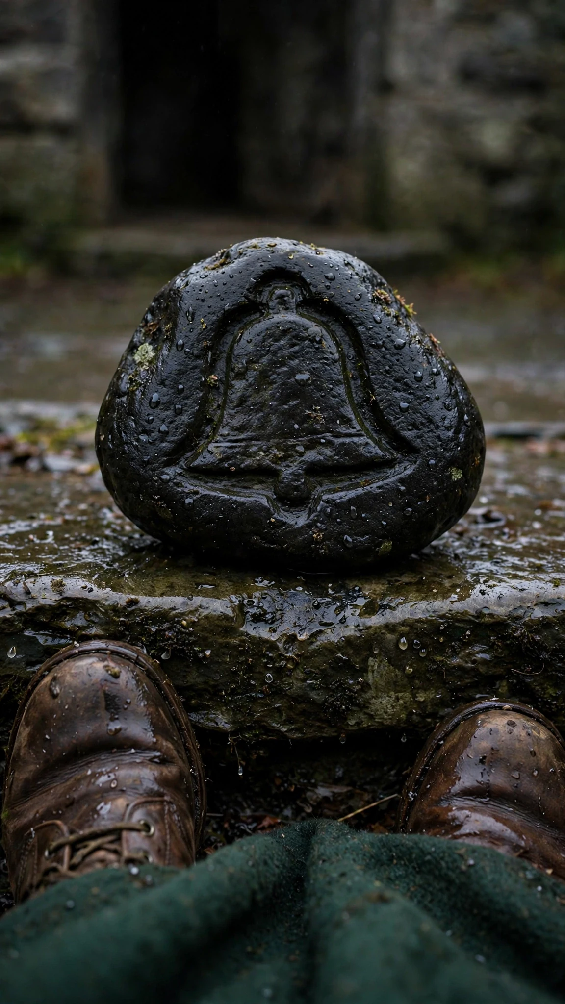 Close on the black stone with a carved bell, Elspeth's boots beside it.
