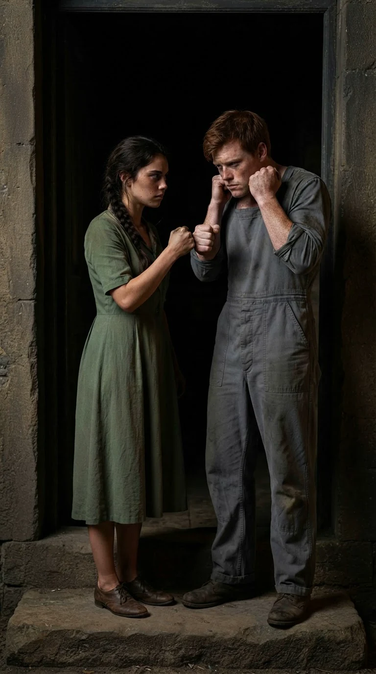 Esk stands tense on the doorstep, looking down at the stone in his sister's hand.