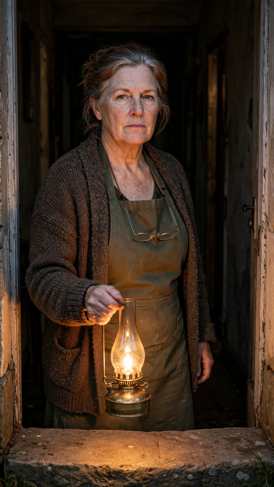 Morag appears in the lit doorway with a lamp, taking charge.