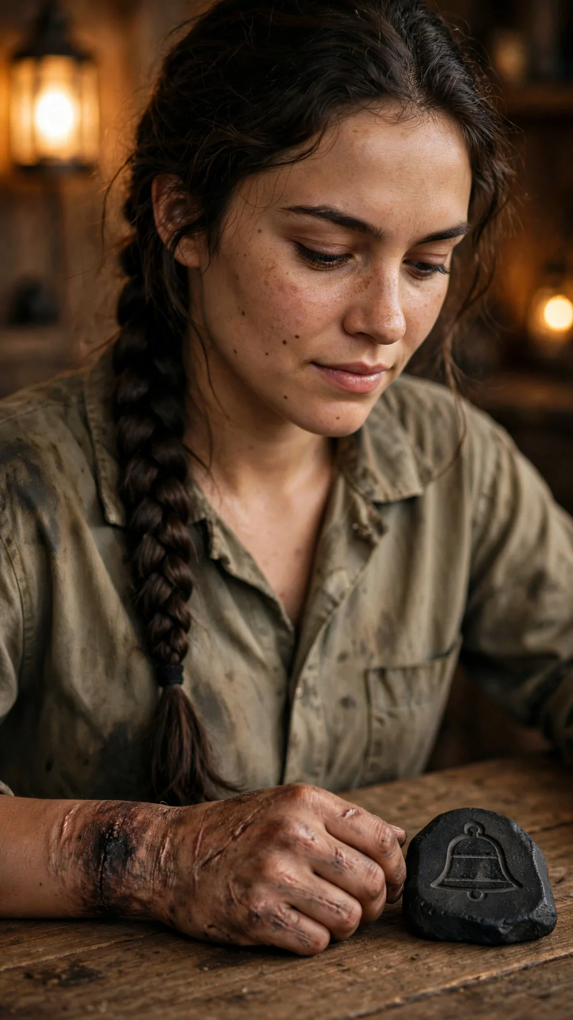 Close on Elspeth's hand and bond-marked wrist beside the black stone, her face soft and hungry and afraid.