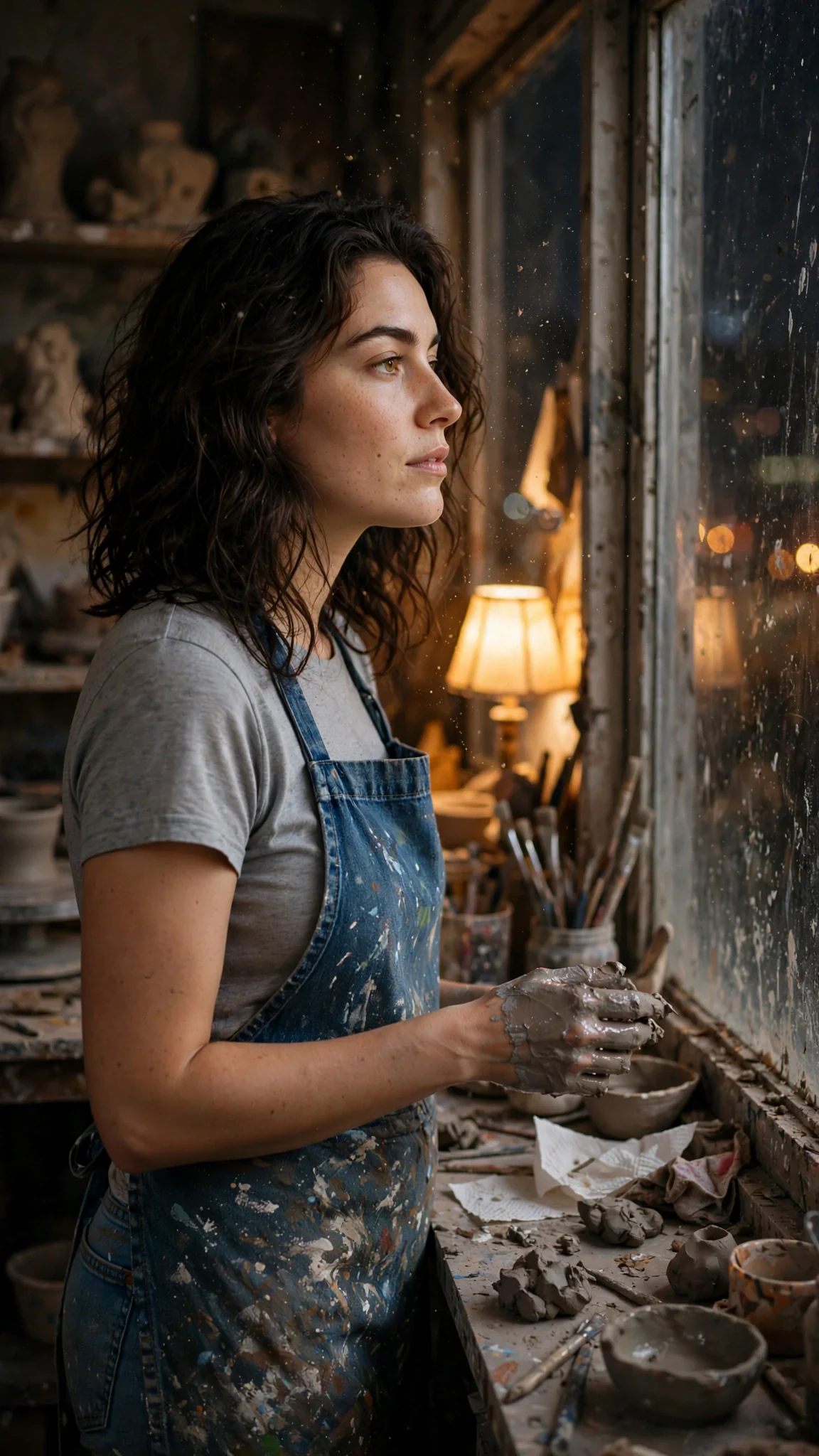 Faye stands at her studio window at night, looking out at the yard.