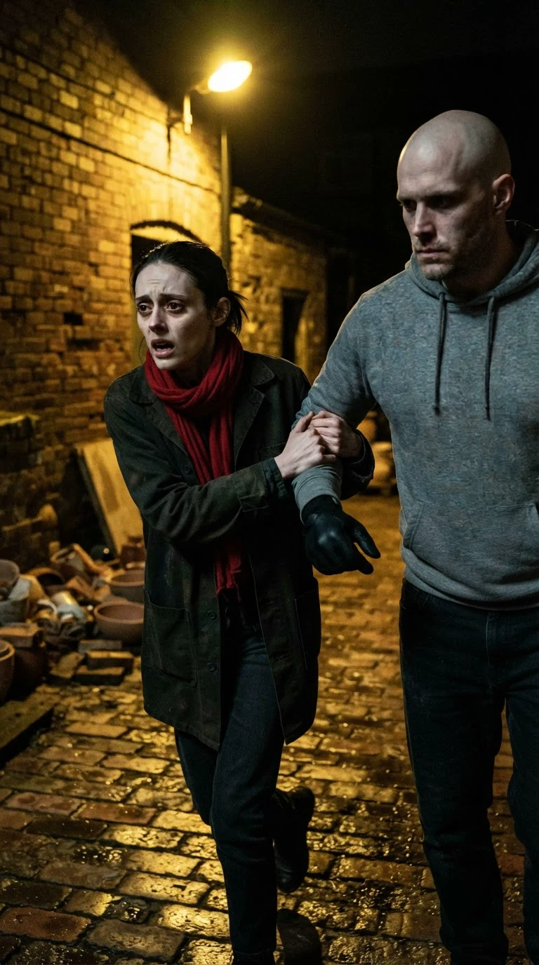 Bess is walked across the dark yard by a man gripping her arm.