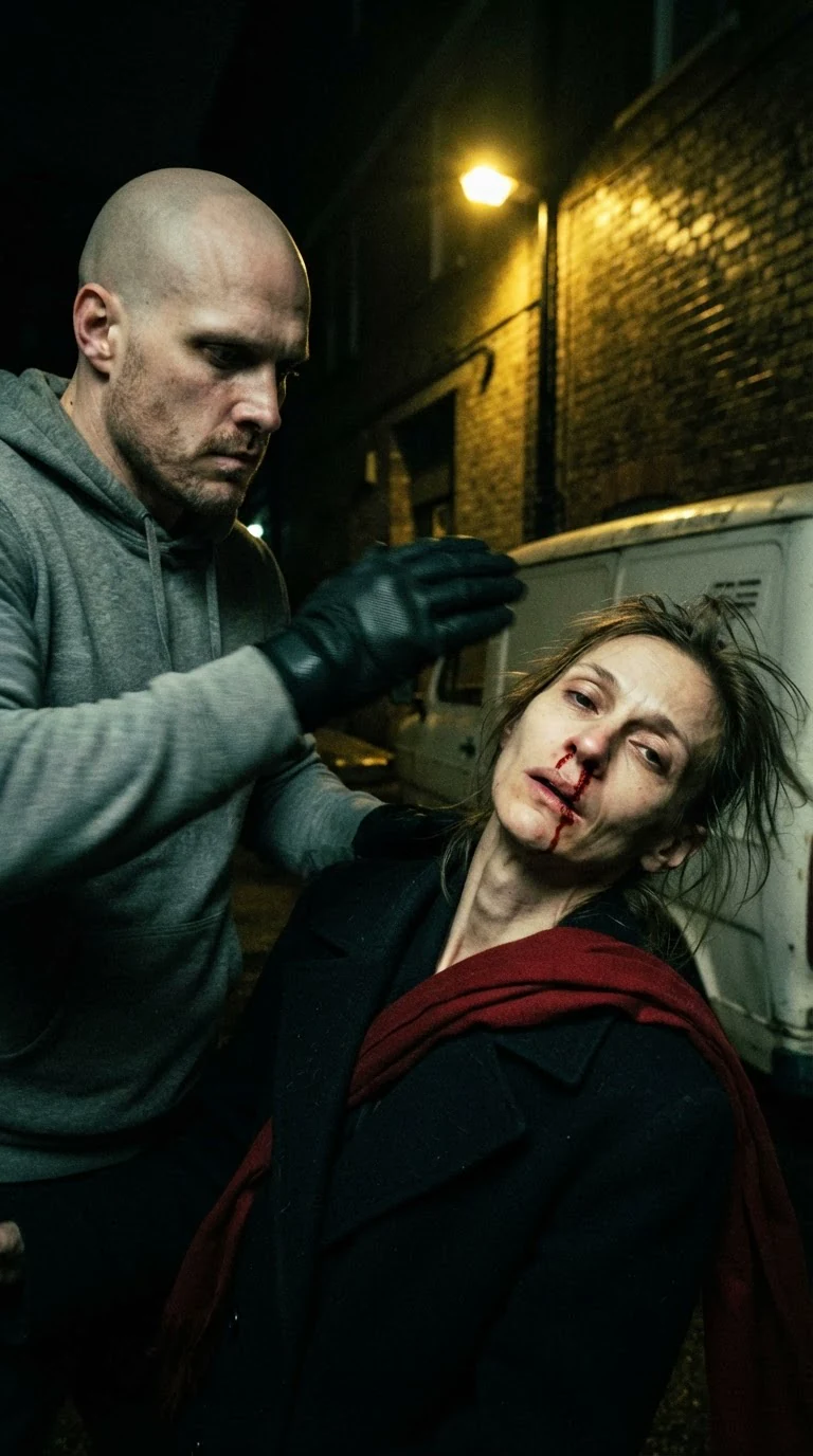 The man slaps Bess across the face and blood runs from her nose.