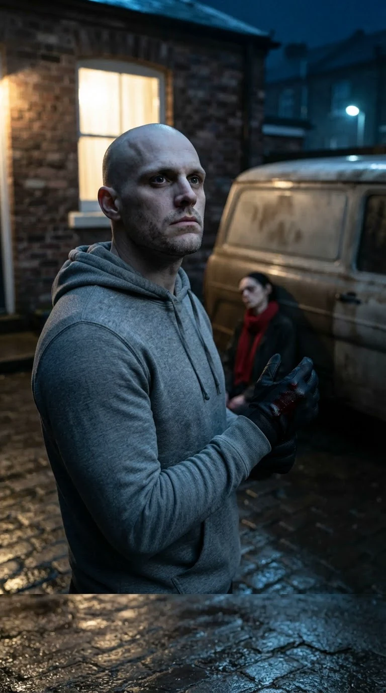 The man lifts his head and looks straight up at Faye's window.