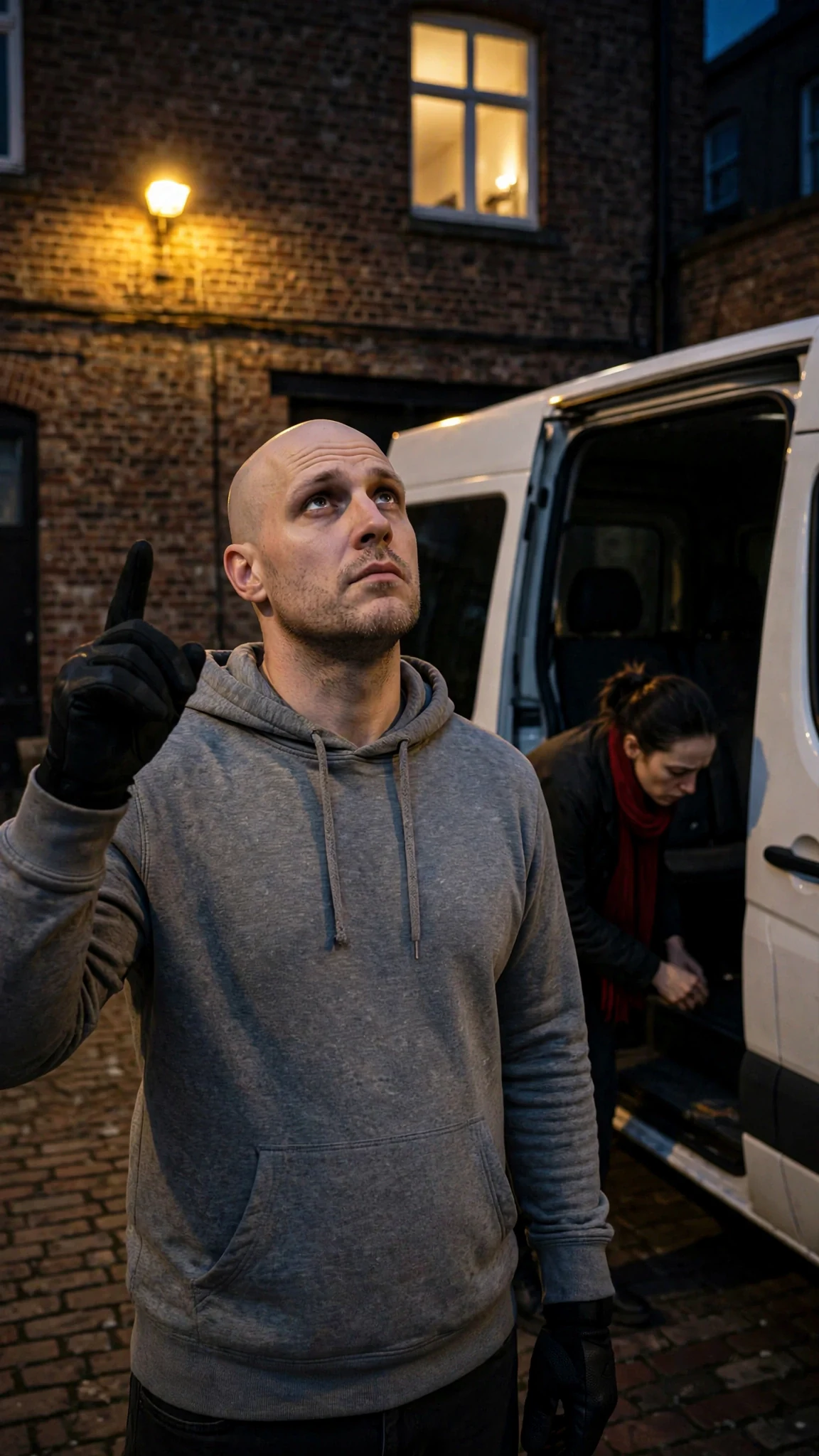 The man points up at the window while speaking, calm and bored.