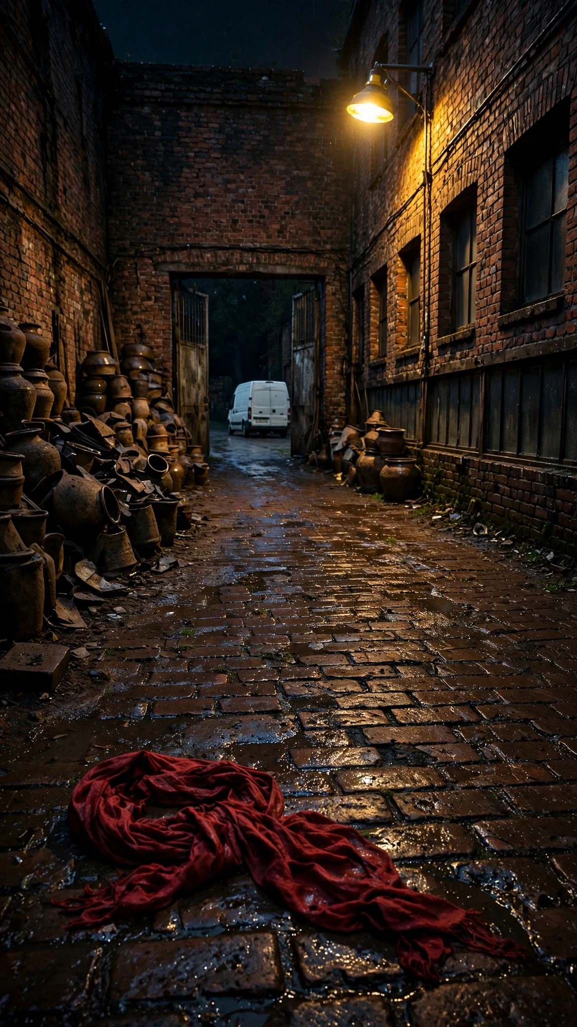 The van drives out of the dark yard, leaving a red scarf on the bricks.