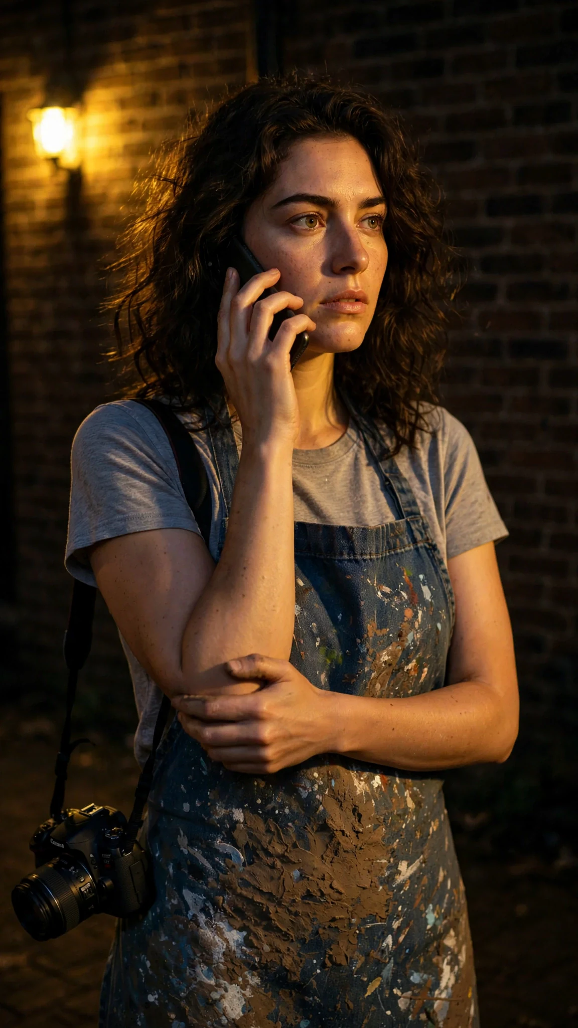 Faye stands in the dark yard with a phone pressed to her ear.