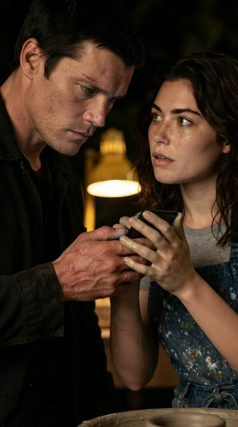 The man takes Faye's phone, their hands almost touching.