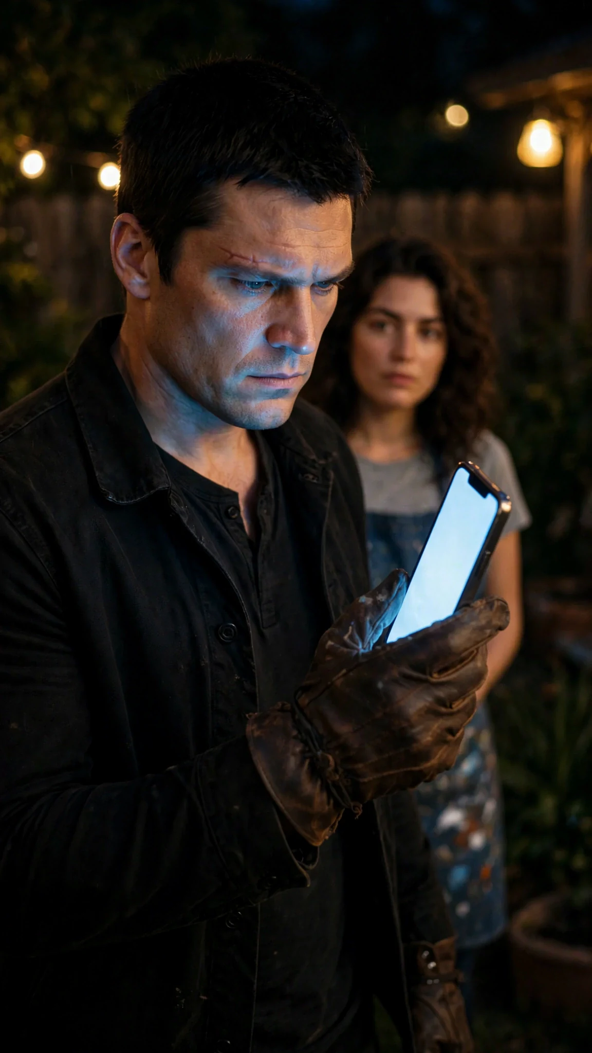 The man studies the photo on her phone, jaw tight.