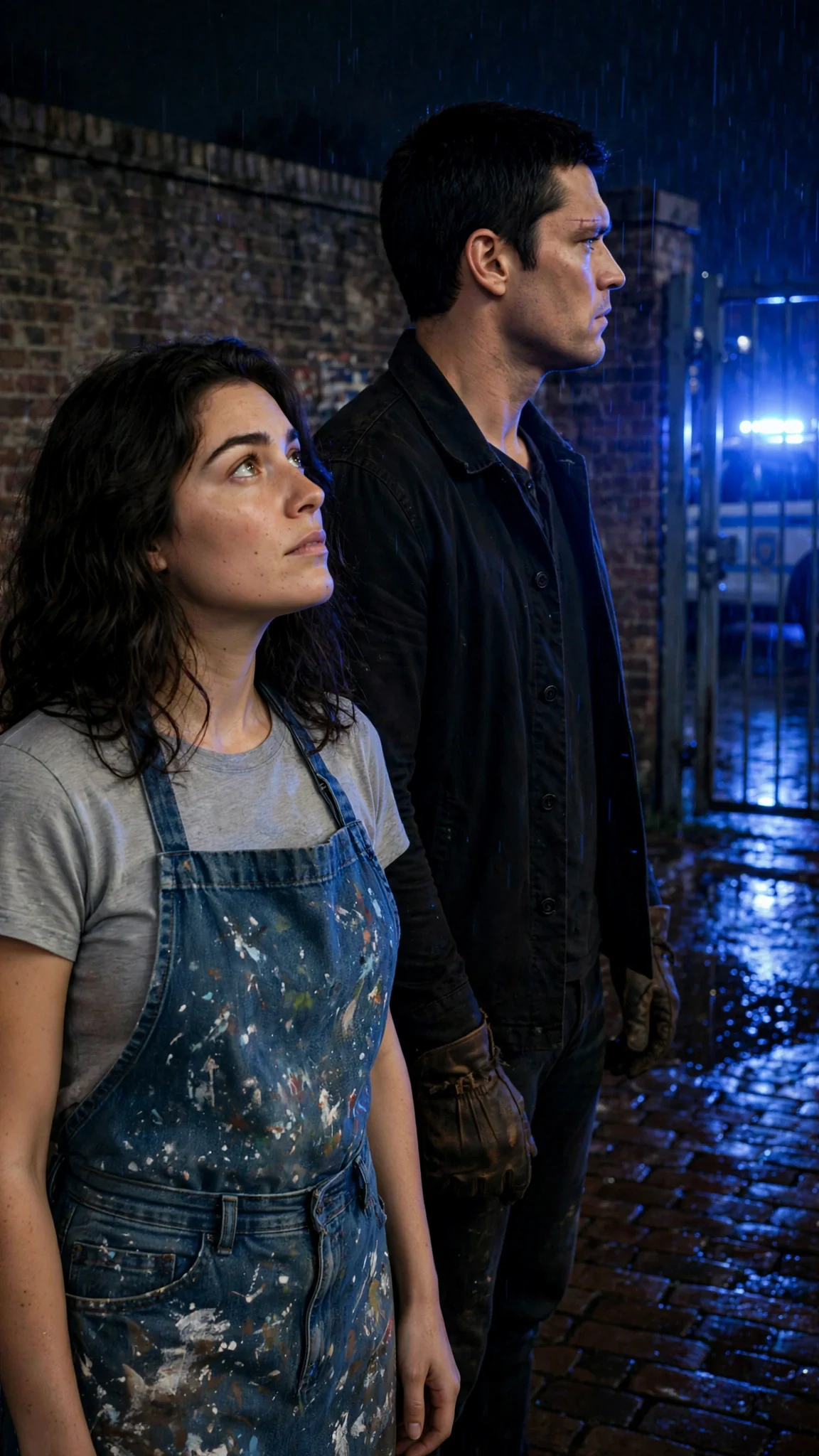 Faye questions the stranger as blue police lights reach the yard.