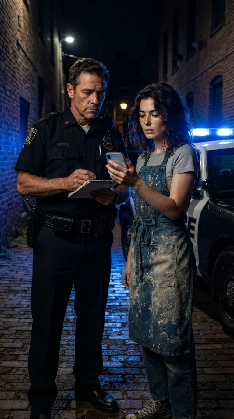 A tired police officer takes notes while Faye holds out her phone.