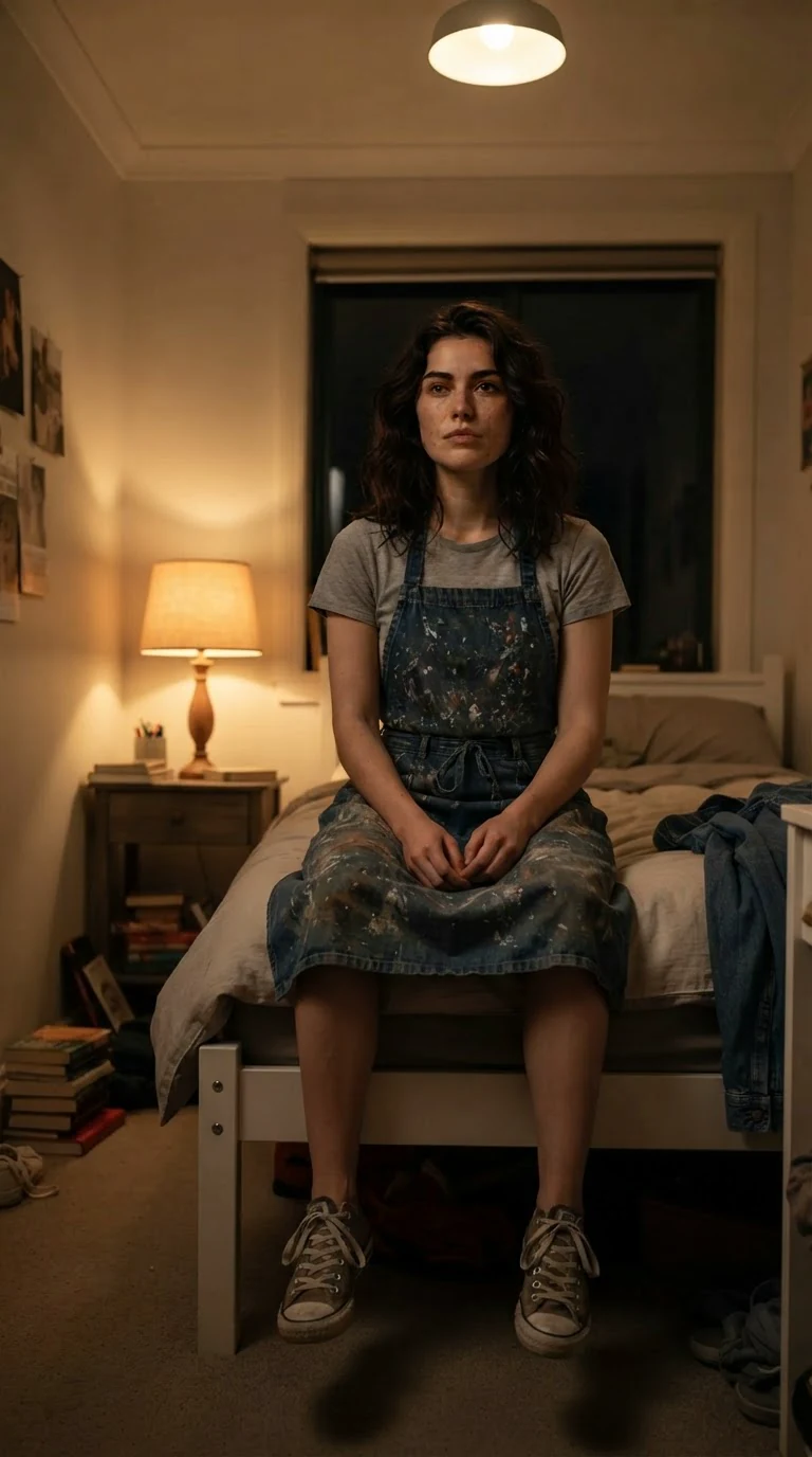 Faye sits on the edge of her bed in a lit room, shoes still on.