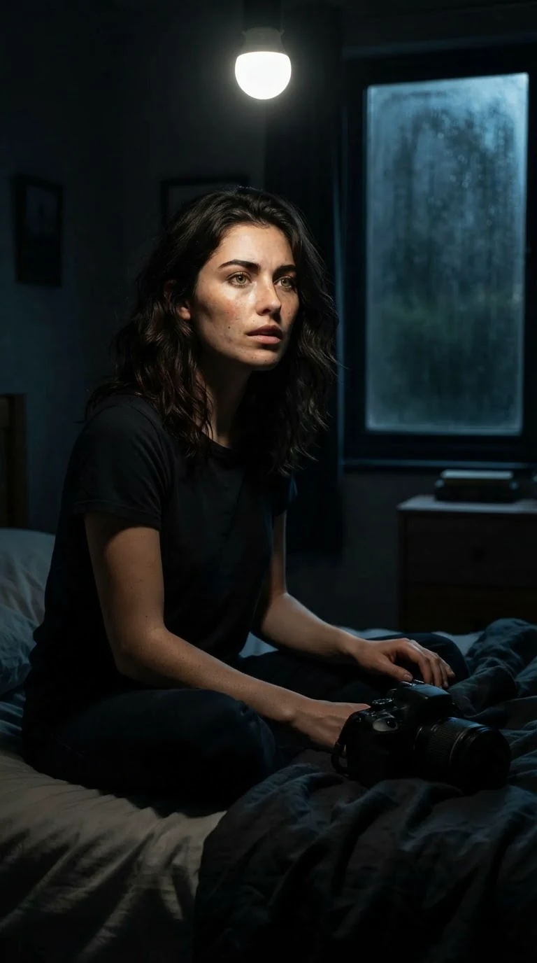 Faye stares at her camera on the bed beside her.